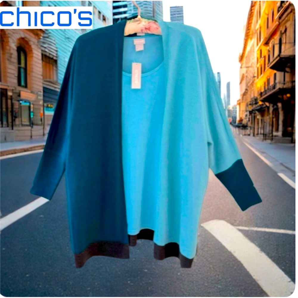 Chico's Woman Cardigan SET. Blue Color Block Women's Sweater Set, NWT, S/M - Picture 16 of 16